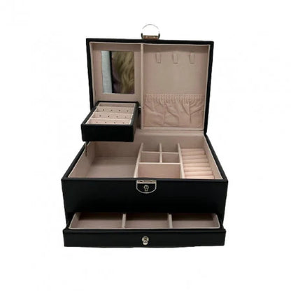 Elegant Black Natural Leather Jewelry Box for Accessories