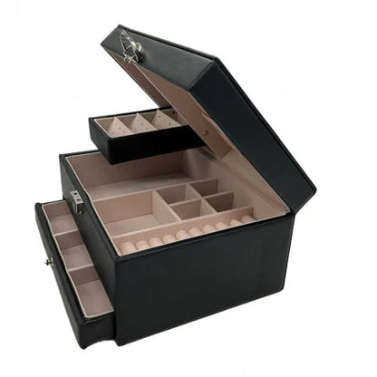 Elegant Black Natural Leather Jewelry Box for Accessories