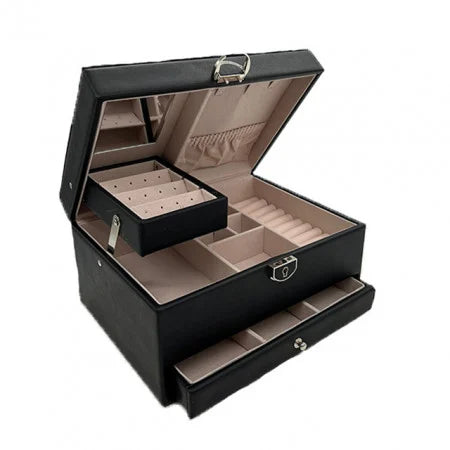 Elegant Black Natural Leather Jewelry Box for Accessories