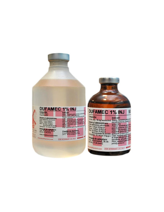 DUFAMEC 1% INJ injectable solution bottles, showcasing veterinary medicinal product containing ivermectin.