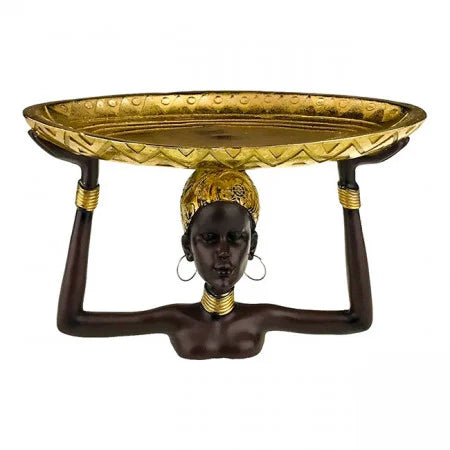 FRUIT BOWLS SUPPORT TYPE FEMALE BUST AFRICA 27x16 CM, BROWN/GOLD