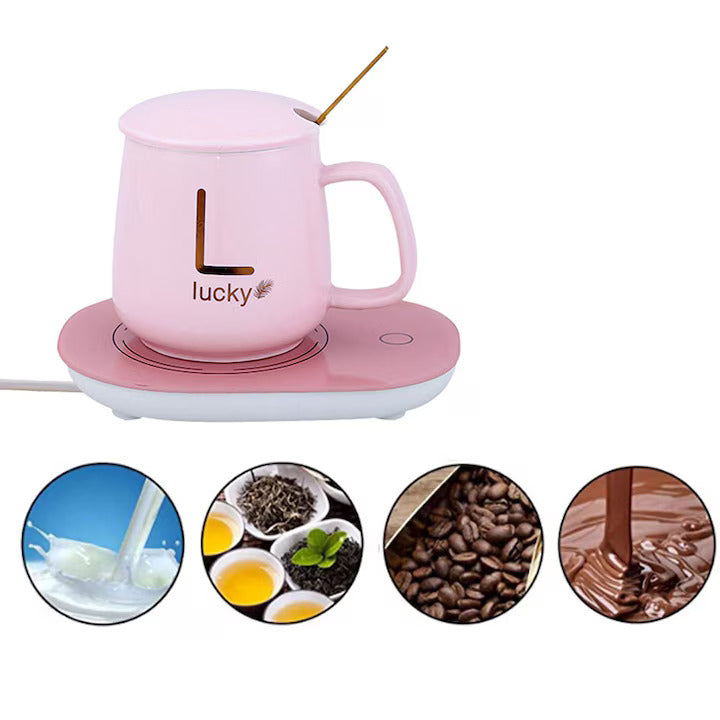 Set de tasses en céramique, avec chauffage, écriture Golden Lucky, 350 ml, rose