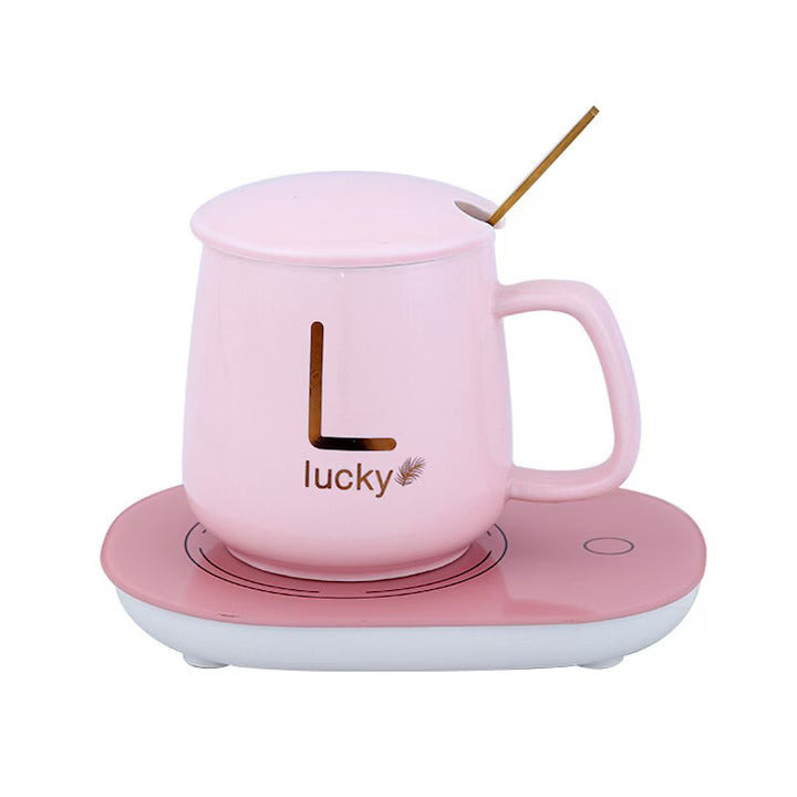 Ceramic Mug Set with Heating – Golden Lucky Writing, 350 ml, Pink