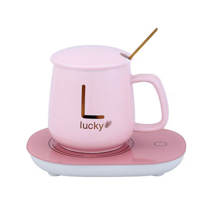 Ceramic Mug Set, wWth Heating, Golden Lucky Writing, 350 ml, pink