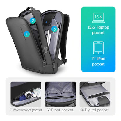 MARK RYDEN BACKPACK COMPATIBLE WITH 15.6" LAPTOP 11" TABLET, 20L, USB port, fully waterproof, anti-theft system, black