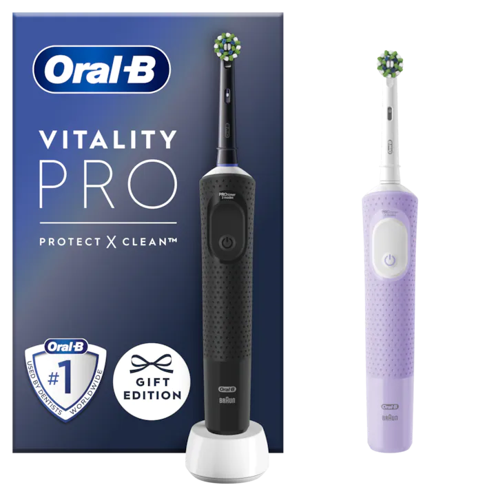 2er Set elektrische Zahnbürste Oral-B Vitality Pro, 2D-Reinigung, 3 Programme, 1 Ladegerät, 2 Köpfe, Schwarz/Violett