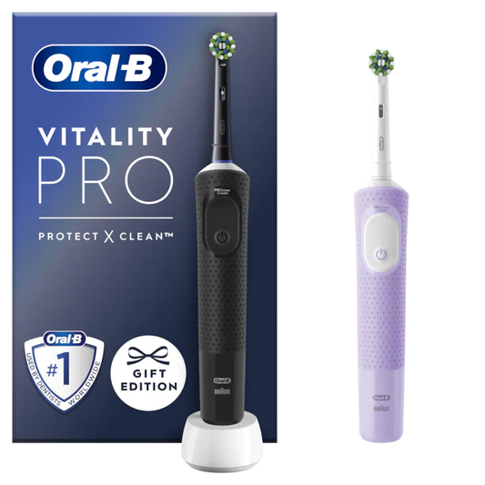 2er Set elektrische Zahnbürste Oral-B Vitality Pro, 2D-Reinigung, 3 Programme, 1 Ladegerät, 2 Köpfe, Schwarz/Violett