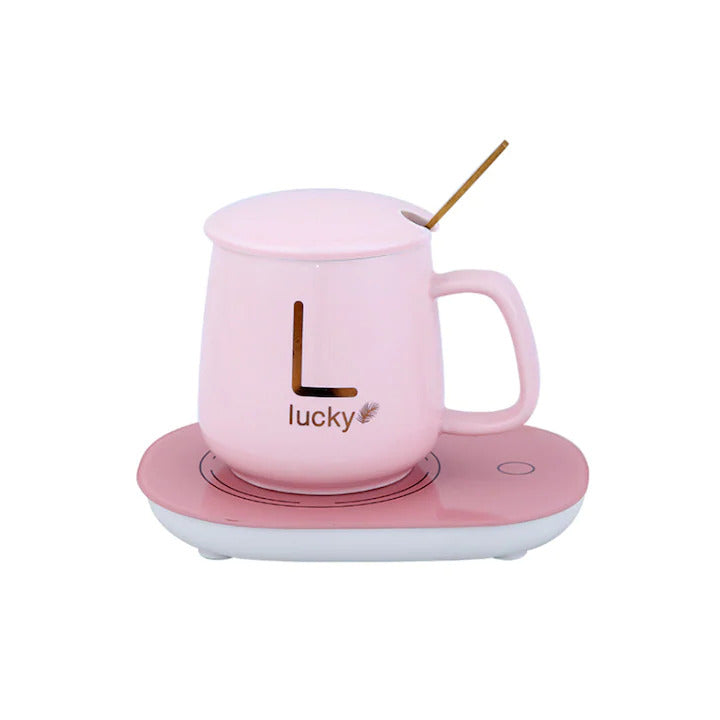 Ceramic Mug Set, wWth Heating, Golden Lucky Writing, 350 ml, pink