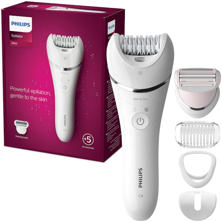 Wet and Dry Epilator Philips BRE710/00, 5 Accessories, 32 tweezers, cordless use, 2 speed settings, opti-light, ceramic discs, Silver