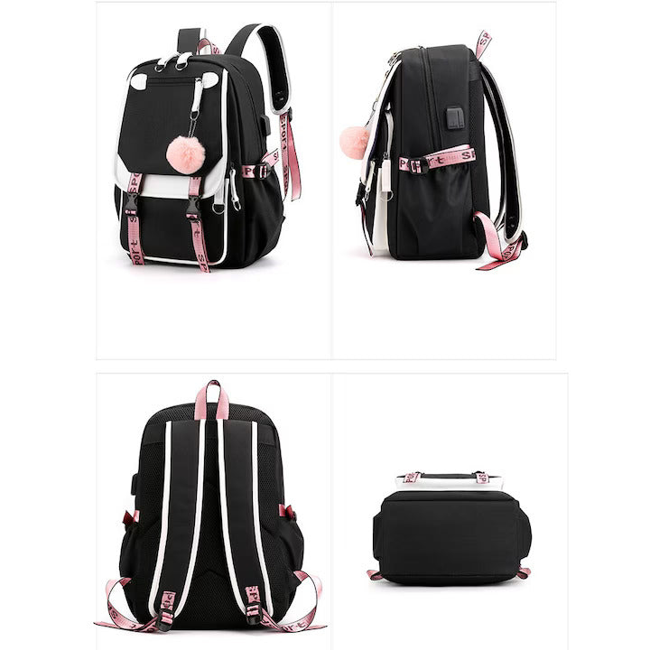 NEVERMORE Smart Children's Backpack – School, with USB Port, 46x29x16 cm, Black/Pink