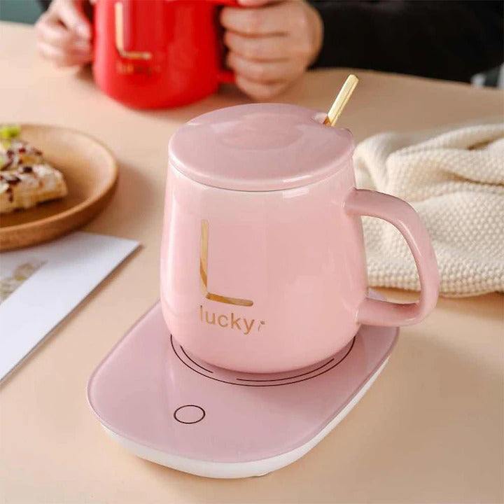 Set de tasses en céramique, avec chauffage, écriture Golden Lucky, 350 ml, rose