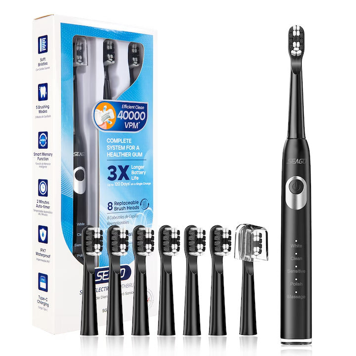 Sonic electric toothbrush, for adults, children, 40,000 pulsations / min, 5 programs, memory function, device with smart timer, 700mAh, USB-C, IPX7, 8 soft heads, black