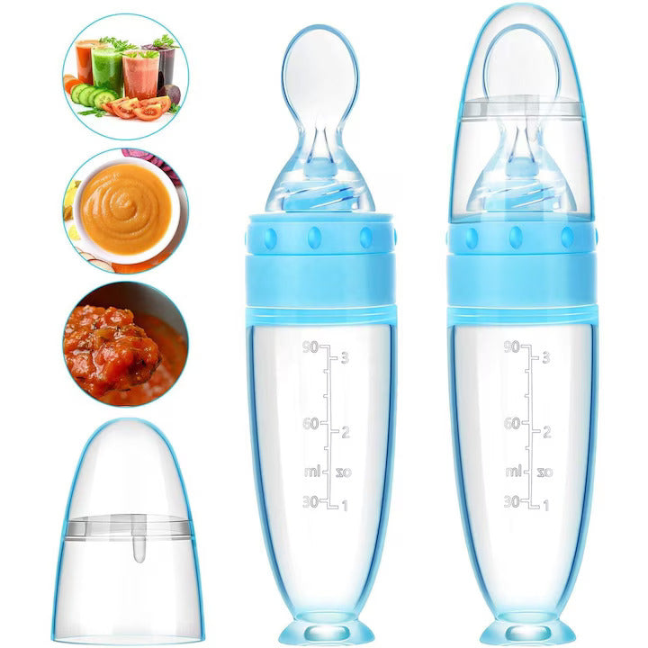 Cuillère pour bébé en silicone avec réservoir pour aliments solides 90 ml Bleu