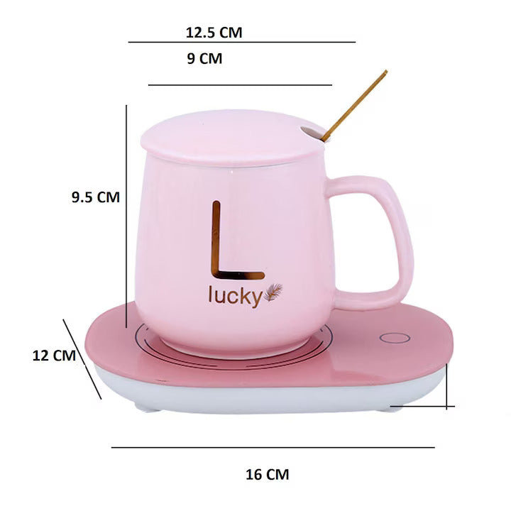 Set de tasses en céramique, avec chauffage, écriture Golden Lucky, 350 ml, rose