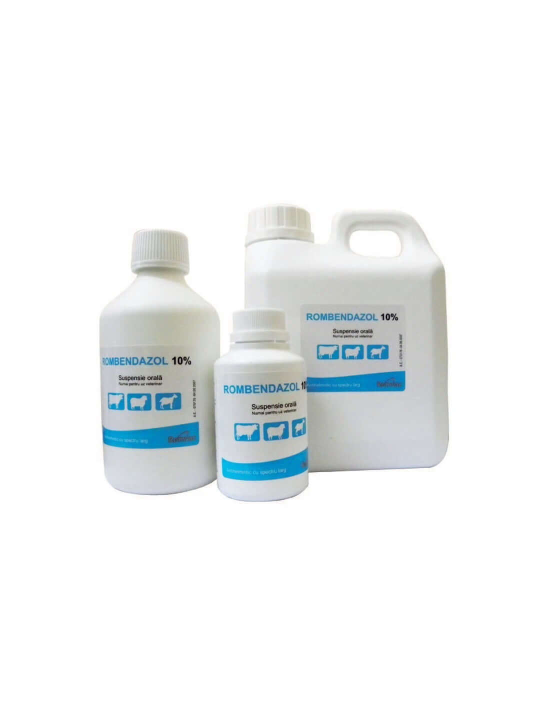 Bottles of Rombendazol 10% oral suspension, available in 100, 250, and 1000 ml for livestock parasite control.