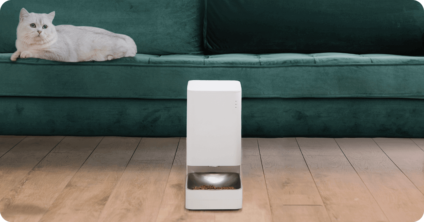 Xiaomi Smart Pet Feeder with app control beside a relaxed cat on a couch, offering automatic feeding convenience.