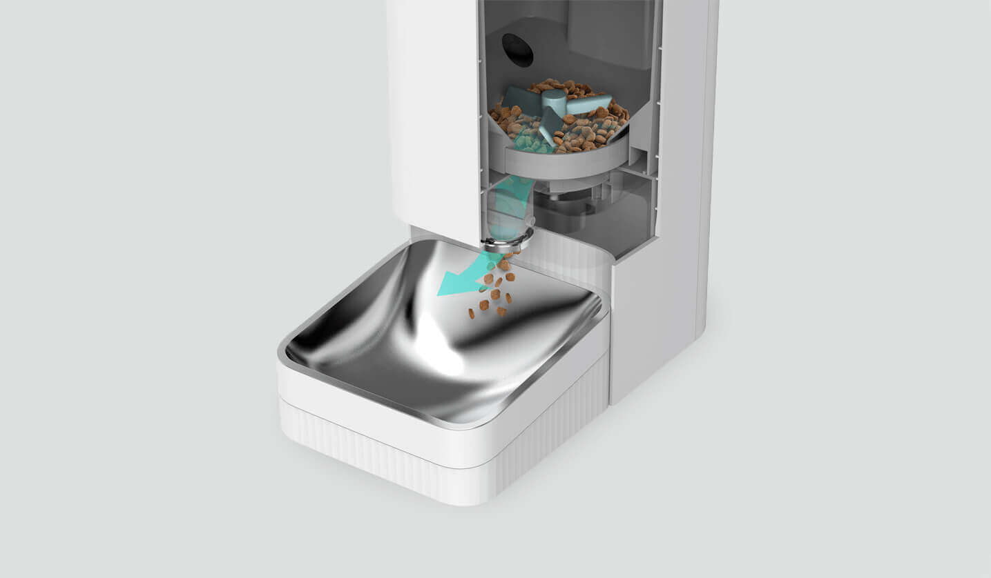 Xiaomi Smart Pet Feeder dispensing dry food into a stainless steel bowl, featuring automatic feeding technology.