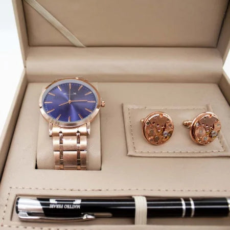 SET FÜR HERREN, DREI TEILE, ELEGANTE BOX MIT UHR, MANSCHETTENKNÖPFEN UND METALLISCHEM STIFT, ROSÉGOLD