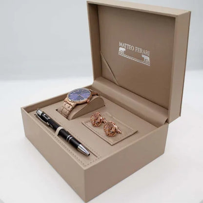 SET POUR HOMME, PIÈCES D'ARBRE, ÉLÉGANTE BOÎTE AVEC MONTRE, BOUTONS DE MANCHETTES ET STYLO MÉTALLIQUE, OR ROSE