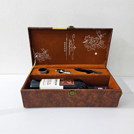 SET COFFRET CUIR ÉCOLOGIQUE POUR UNE BOUTEILLE DE VIN MERLOT&amp;PINOT NOIR ET 3 ACCESSOIRES