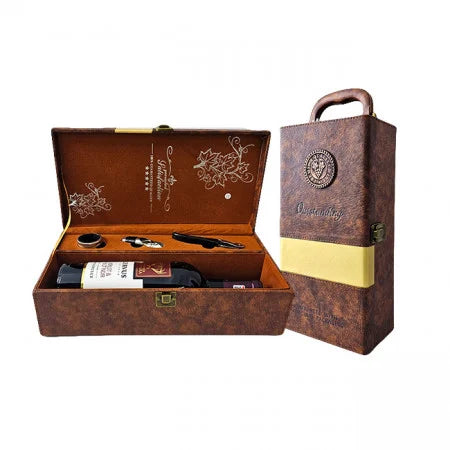 SET COFFRET CUIR ÉCOLOGIQUE POUR UNE BOUTEILLE DE VIN MERLOT&amp;PINOT NOIR ET 3 ACCESSOIRES