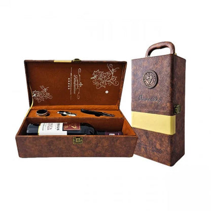 SET COFFRET CUIR ÉCOLOGIQUE POUR UNE BOUTEILLE DE VIN MERLOT&amp;PINOT NOIR ET 3 ACCESSOIRES