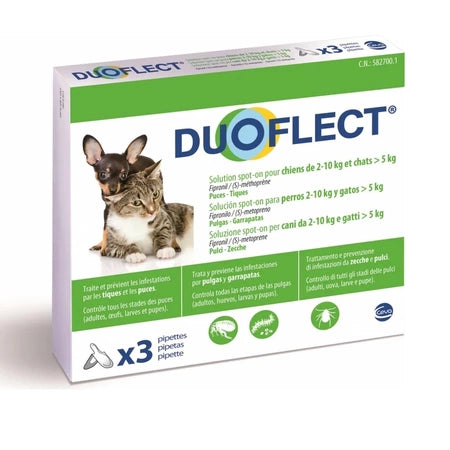 SOLUTION ANTIPARASITAIRE POUR CHIENS 2-10 KG ET CHATS 5+ KG, DUOFLECT, 3 PIPETTES