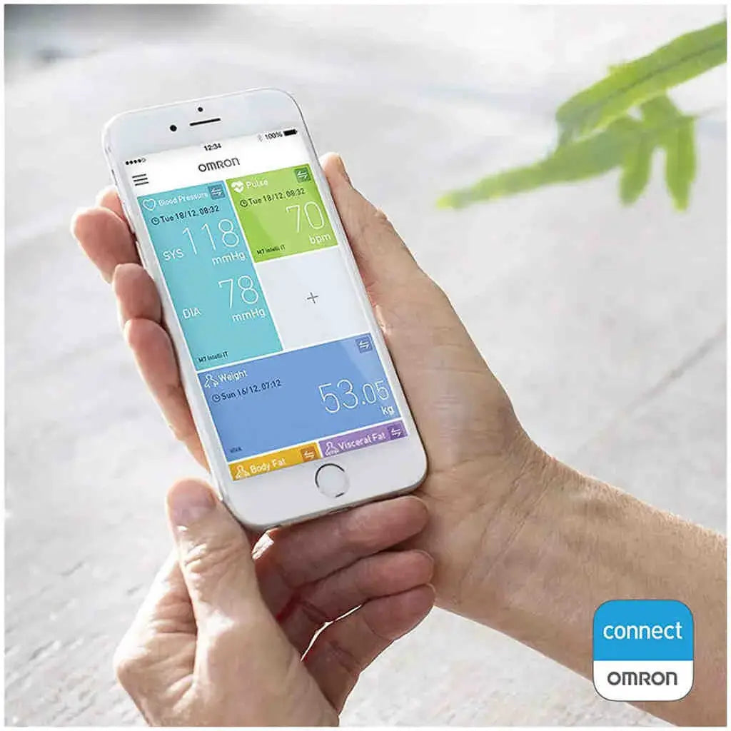 Omron blood pressure monitor app displayed on smartphone, showing readings and health data for users.