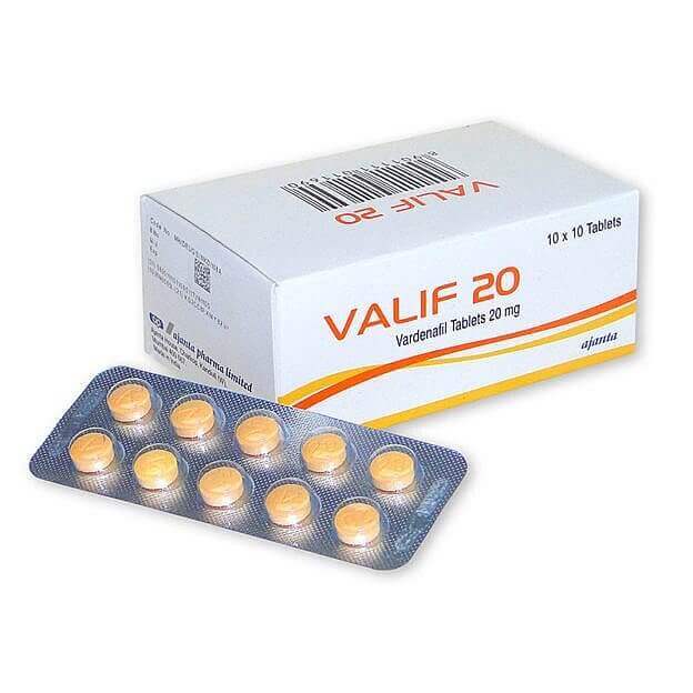 Valif 20 vardenafil tablets packaging and blister pack for erection support and male vitality.